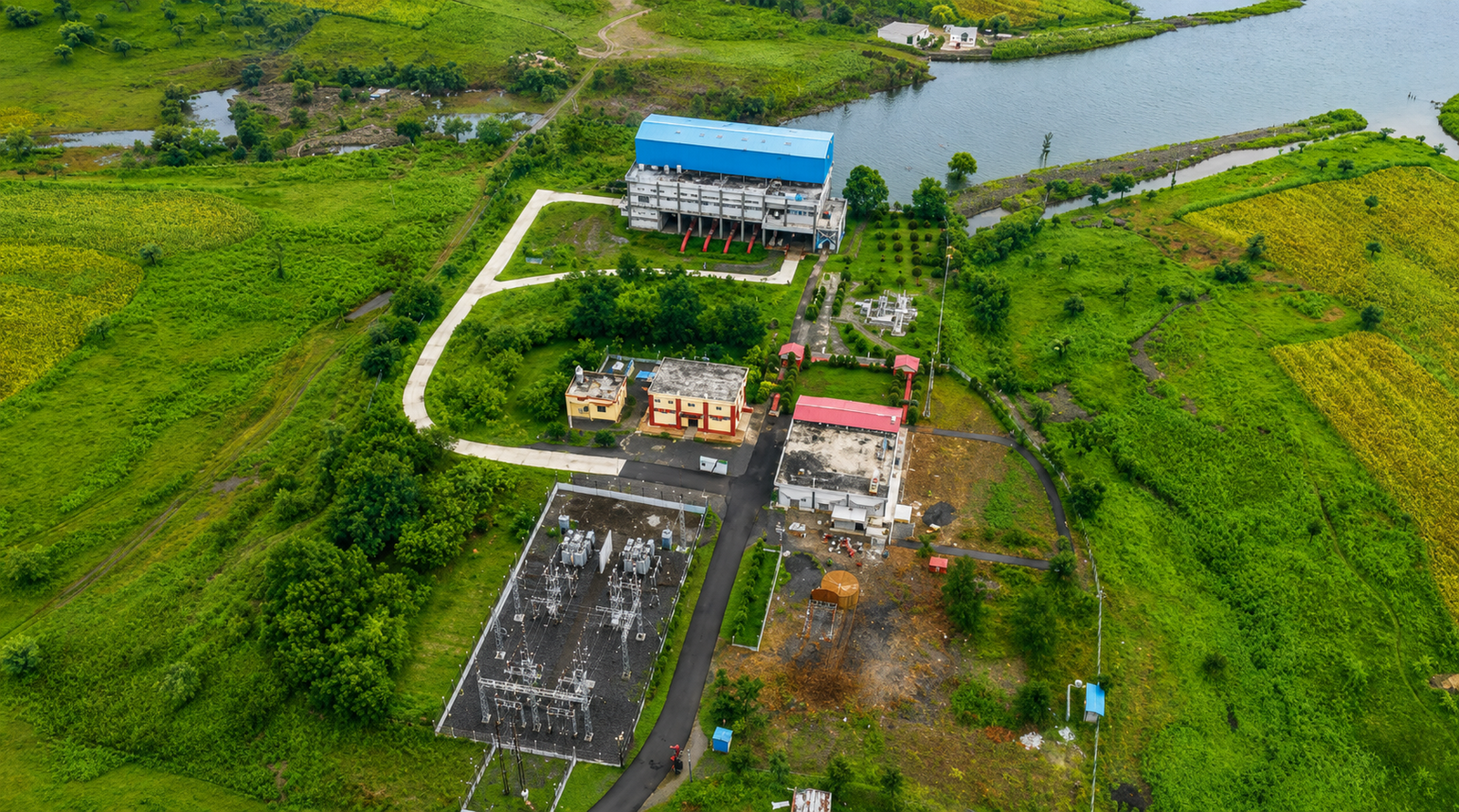 Aerial view of the pump house complex beside the reservoir