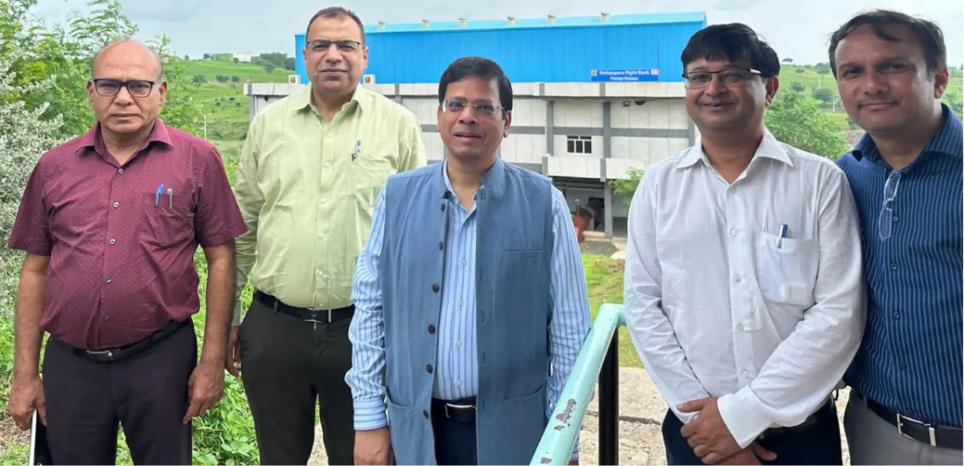AS Rajesh Kumar Verma and Commissioner Anuj Kanwal with officials in front of the Mohanpura Right Bank pump house